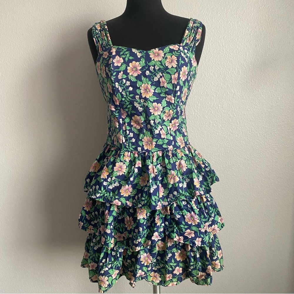 Navy Floral Tiered Sundress with Pink Flowers